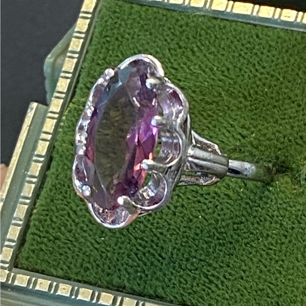 Beautiful Antique Sterling Silver Huge Marquis Cut Amethyst Ring 7